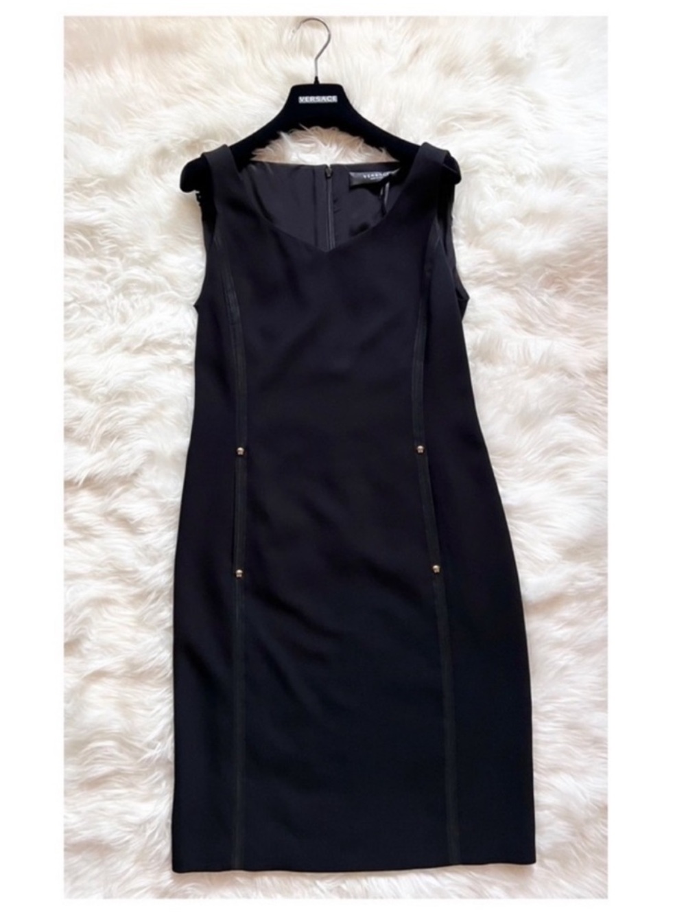 New! Versace Black Sheath Dress Medusa Hardware Sleeveless Knee Length IT 40